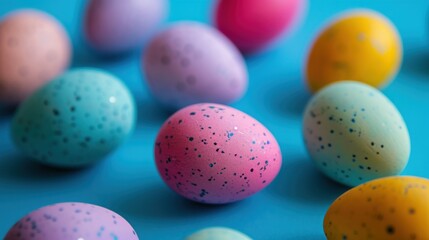  a group of colorful eggs sitting on top of a blue surface with confetti sprinkles on the top of the eggs and bottom of the eggs.