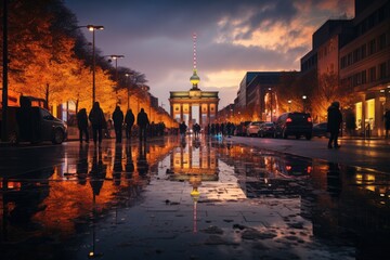 Brandenburg gate at dusk, vibrant scenario., generative IA
