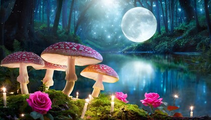 fantasy mushrooms with lanterns in magical enchanted fairy tale landscape with forest lake fabulous fairytale blooming pink rose flower garden on mysterious background glowing moon ray in dark night - obrazy, fototapety, plakaty