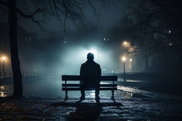 a person sitting on a bench at night - Powered by Adobe