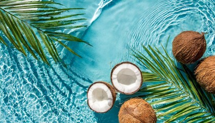 Fototapeta na wymiar aqua waves and coconut palm shadow on blue background water pool texture top view tropical summer mockup design luxury travel holiday