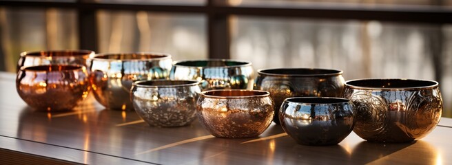 Fototapeta na wymiar a group of shiny bowls on a table