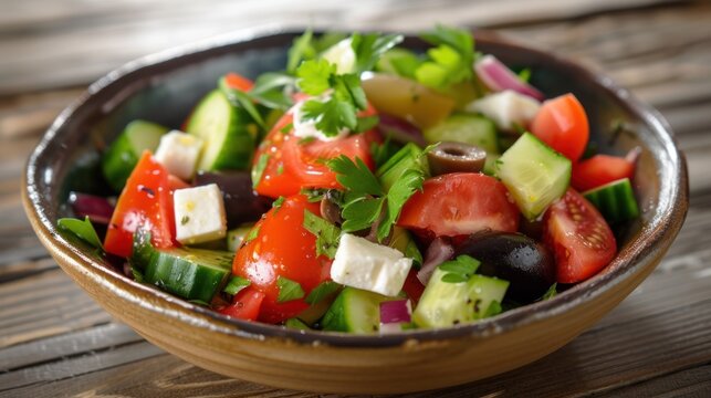  a wooden bowl filled with a salad of cucumbers, tomatoes, celery, olives, tomatoes, and parsley on top of a wooden table.
