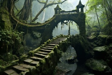 Serene Oriental forest bridge. Oriental architecture. Generate Ai - obrazy, fototapety, plakaty
