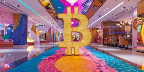 Bitcoin symbol standing in a luxury interior space