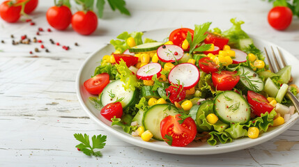 Healthy salad with boiled radish, corn, tomatoes and cucumber in plate on table