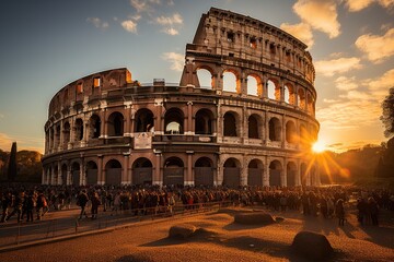Fototapeta premium Ruins of the Coliseum of Rome at sunset., generative IA