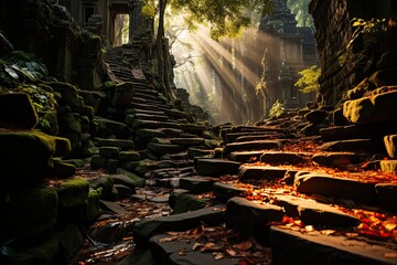 Ancient temples appear in the lush jungle., generative IA