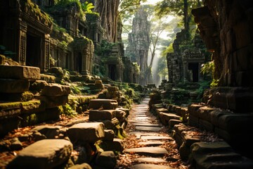 Ancient temples appear in the lush jungle., generative IA