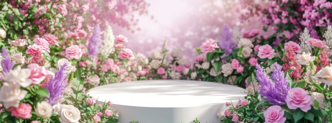 Fototapeta na wymiar Podium background flower rose product pink 3d spring table beauty stand display nature white. Garden rose floral summer background podium cosmetic valentine easter field scene gift purple day romantic