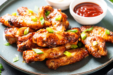 Chicken wings in bbq sauce. Close up.