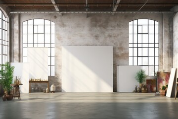 loft space interior with black canvases mock up. Mockup of empty canvas in artistic studio. - obrazy, fototapety, plakaty