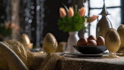 Easter table with eggs and tulips 