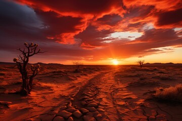 Hot sunset in the desert, golden dunes and sky on fire., generative IA