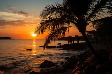 Palmeiras silhouette by the sea under orange sky., generative IA