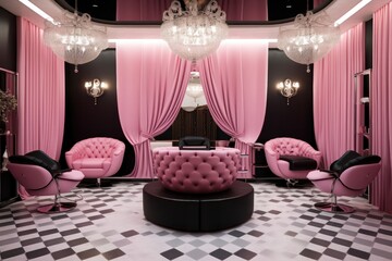 retro vintage style interior of a beauty salon with pink and black colors in design