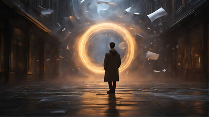 A time traveler in front of a time travel portal. - Generative AI