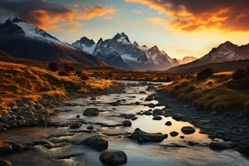 Fototapeten Majestic mountains under the golden light of the dusk., generative IA © JONATAS