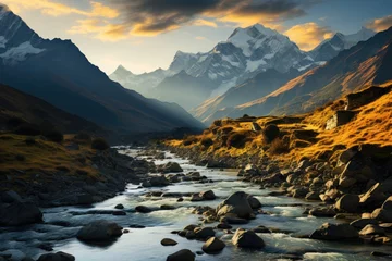 Foto op Canvas Majestic mountains under the golden light of the dusk., generative IA © JONATAS