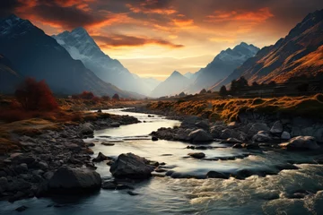 Gordijnen Majestic mountains under the golden light of the dusk., generative IA © JONATAS