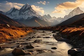 Poster Majestic mountains under the golden light of the dusk., generative IA © JONATAS