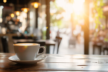 Cup of coffee on wooden table in cafe with morning light, Breakfast in restaurant