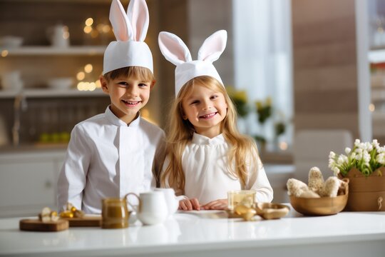 siblings - brother and sister -  dressed as easter bunny rabbits decorating eggs in the minimal kitchen