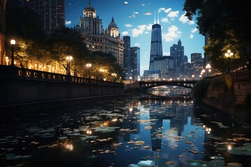 Gleveny skyscrapers at night in a vibrant city., generative IA