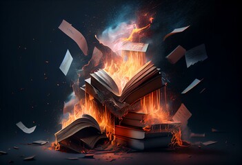 Digital illustration of books on fire with papers in the air among fire. Literature and history of a nation erased by burning books in a censorship raid. Lost information and documents. Generative AI - obrazy, fototapety, plakaty