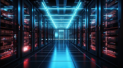 Obraz premium Server room in a modern office of a technology company. Development of a quantum computer. The concept of science, technology, big data and blockchain.