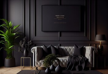 Mock up interior, luxury modern dark living room interior, black empty wall mock up, 3d rendering. Generative AI