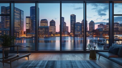 Fototapeta na wymiar Boston City Skyline Modern Seaport District Illustration Generative AI
