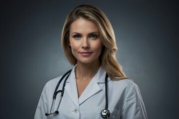 Blonde doctor portrait with dark background and stethoscope