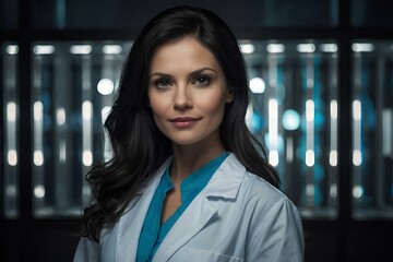 Brunette doctor with medical white gown and shirt posing on luminous abstract tech background