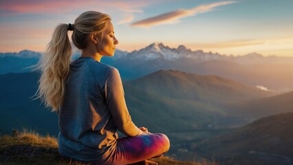 Blonde woman with ponytail meditating in a beautiful mountain location at dawn