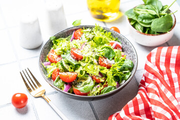 Green vegetable salad with fresh leaves. Healthy food.