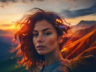 Artistic model shot with luminescent double exposure effect, mountain nature background