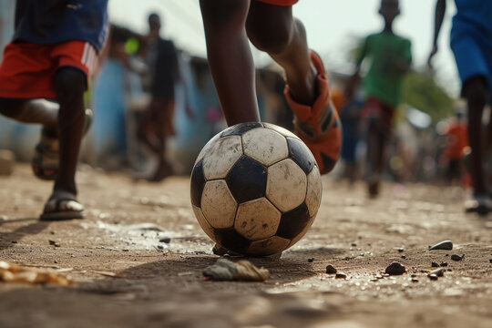 African children playing soccer at street. Black boys having fun in poor village. Cropped image of legs kicking ball