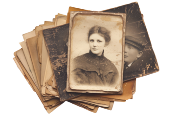 Stack of vintage sepia style photos isolated on transparent background. Photo from family album. Archive snapshot. Old portrait capturing people from the past