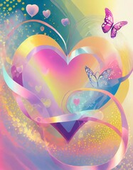 illustration of an background, heart with butterflies and flowers