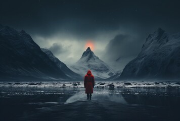 a person in a red coat standing in a snowy area - Powered by Adobe