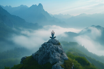 Alone man is doing Yoga pose on the rocks peak