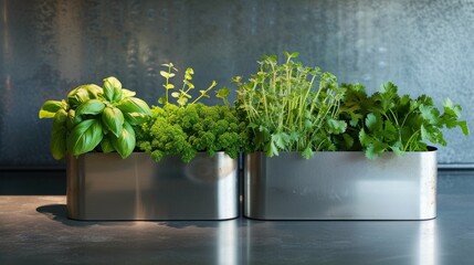  a group of three metal planters filled with different types of herbs and herbstuffs on top of a metal table with a wall in the back ground behind them.