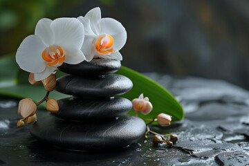 Spa concept with zen basalt stones and orchids