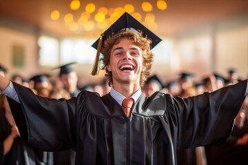 Fototapeta premium Life Moment, concept image of a graduate being congratulated at a graduation ceremony; high school or college student in academic dress wearing a Square academic cap, happy to be graduating. Crossroad