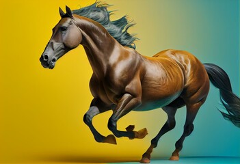 Obraz na płótnie Canvas Realistic horse running on yellow blue background. Generative AI