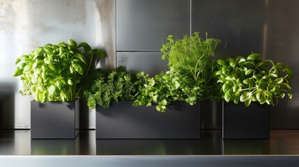  a row of metal planters sitting on top of a counter filled with lettuce and broccoli growing out of it's sides of each other.