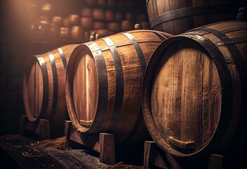 Large wooden barrels in wine cellar, closeup. Generative AI