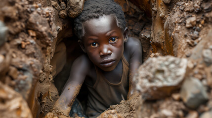 A child working illegally in a mine in difficult conditions. Illegal forced child labor. The concept of illegal human trafficking - obrazy, fototapety, plakaty