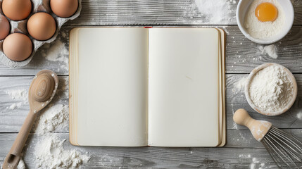Recipe book with ingredients for cooking on a wooden background.